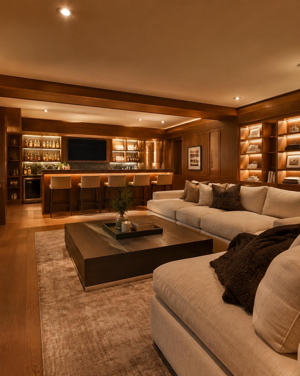 Finished basement lounge with wood paneling, a backlit bar and a cream sectional