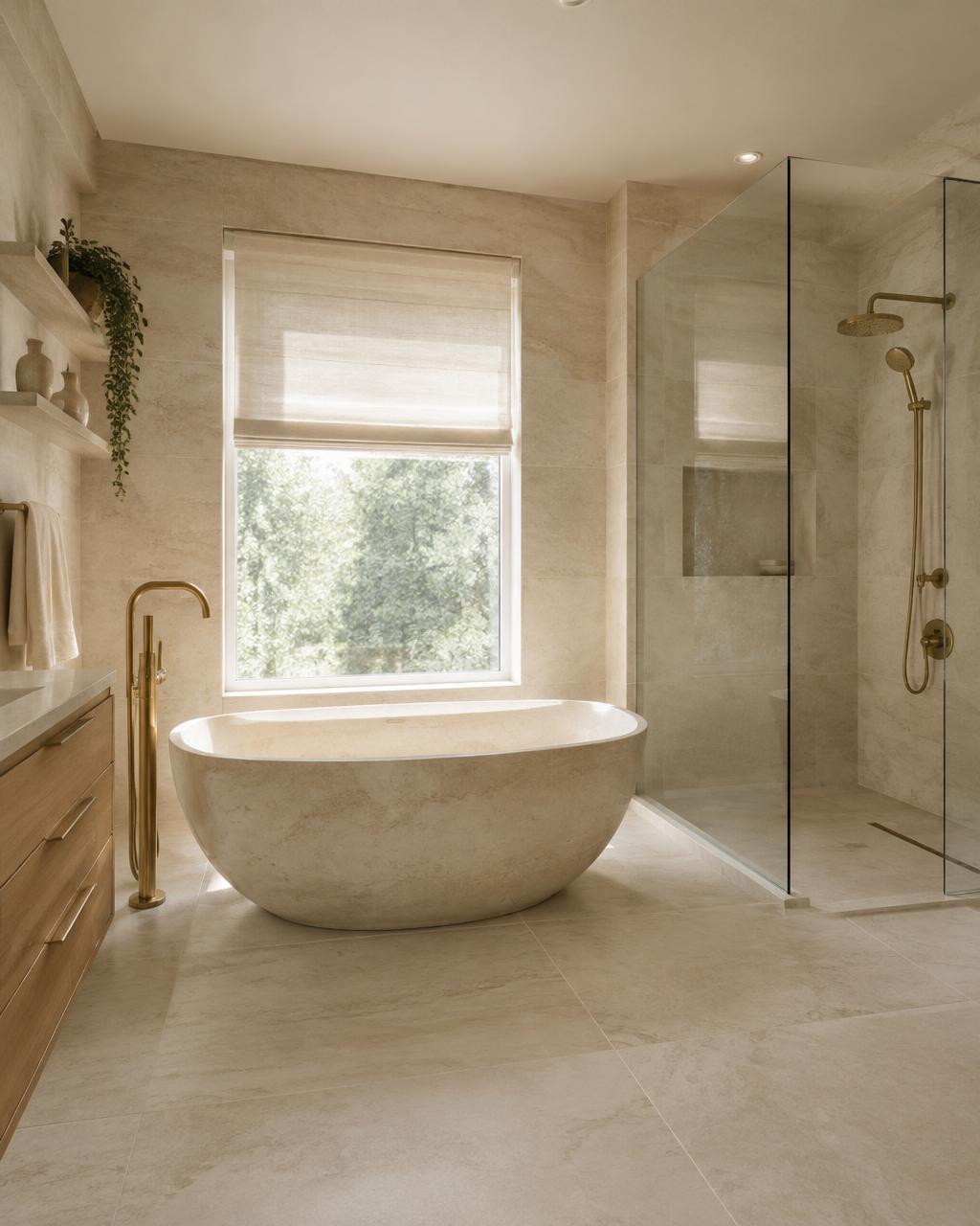 Bathroom with freestanding stone tub