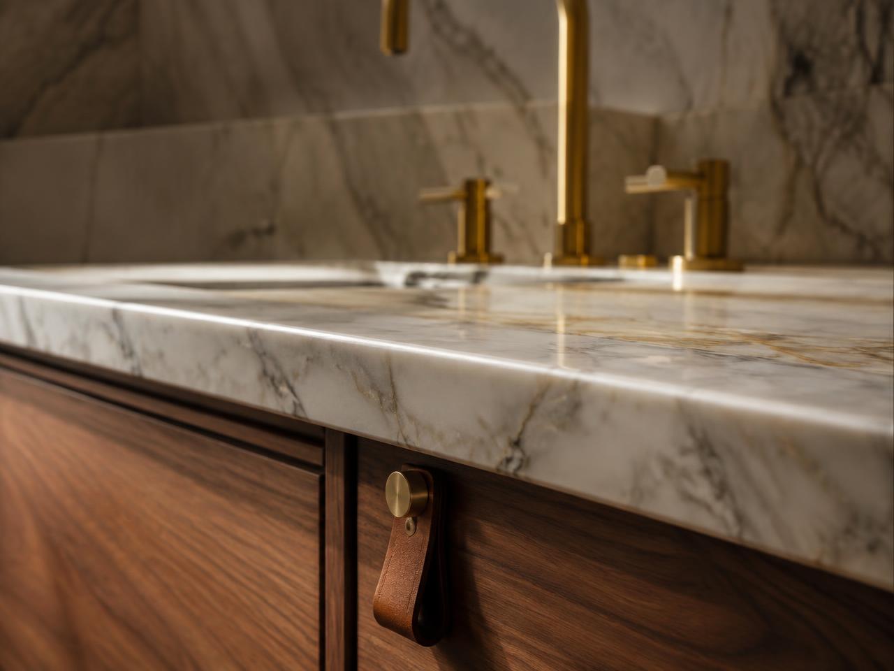 Marble countertop with brass faucet and walnut cabinet with leather pull