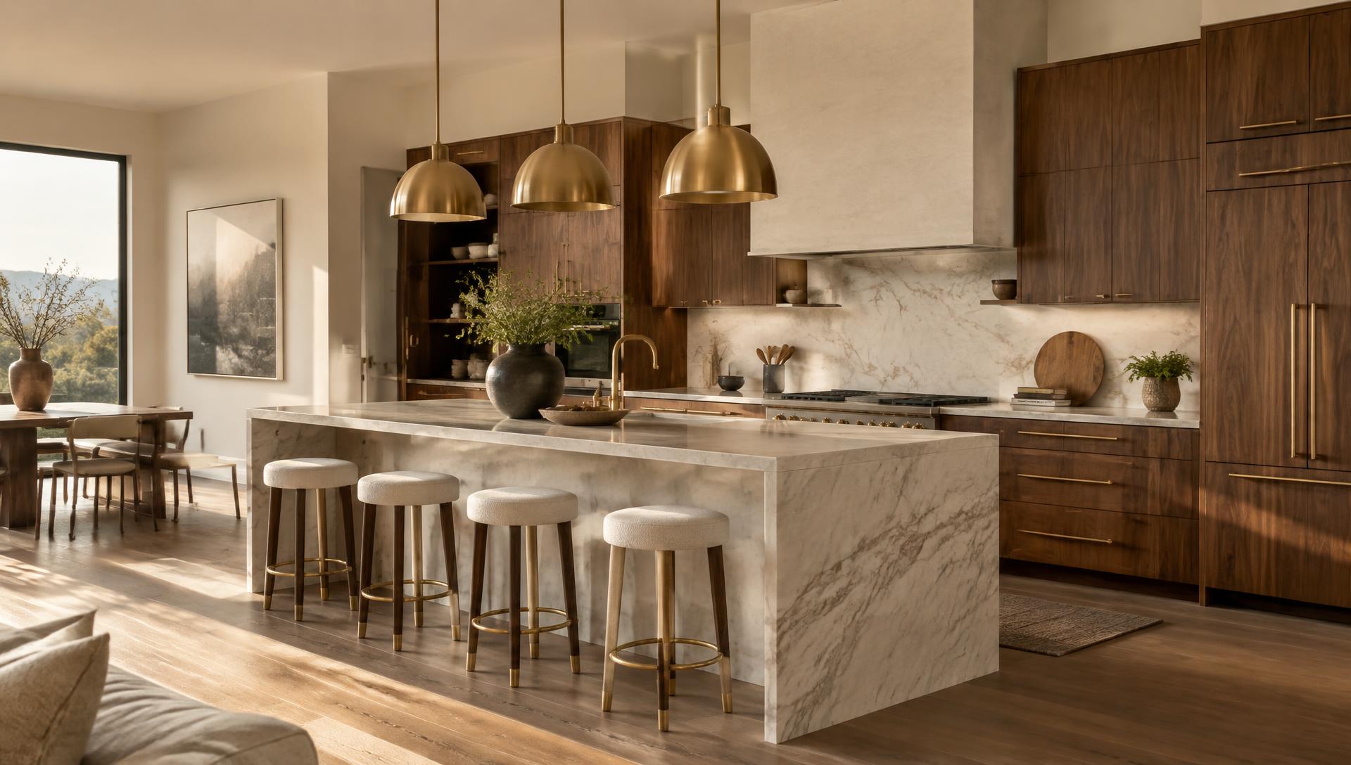 Luxurious remodeled kitchen with walnut cabinetry and a marble island