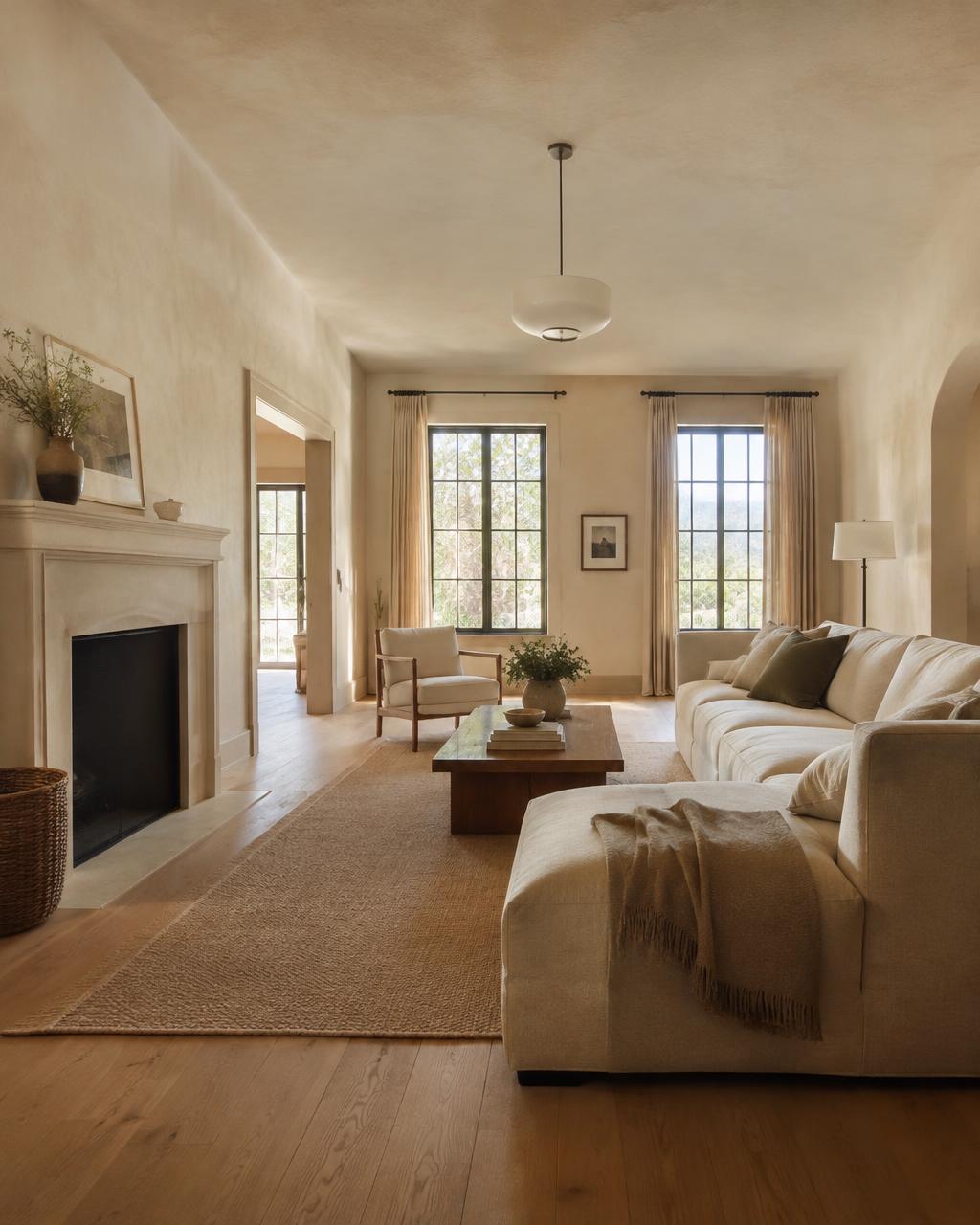 Serene living room with stone fireplace, linen sofa and oak floors